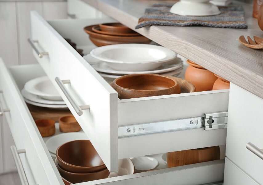 Führungsschiene einer Schublade in ruhiger, ordentlicher Umgebung.